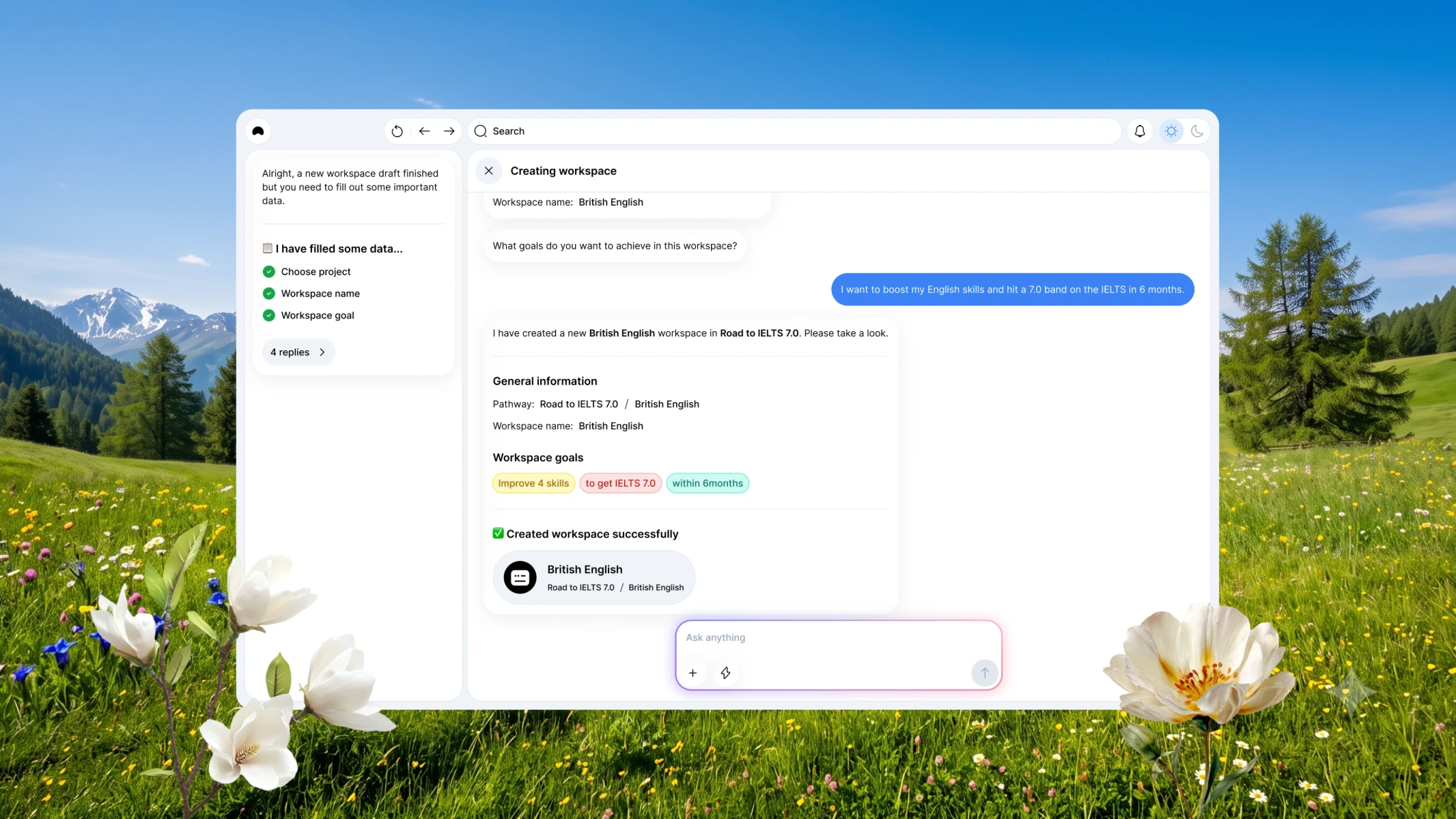 Connected workspace configuration screen
